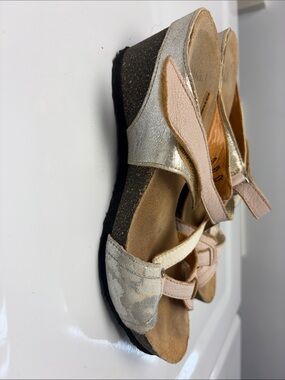 Think! Metallic Gold and Blush Strappy Wedge Sandals